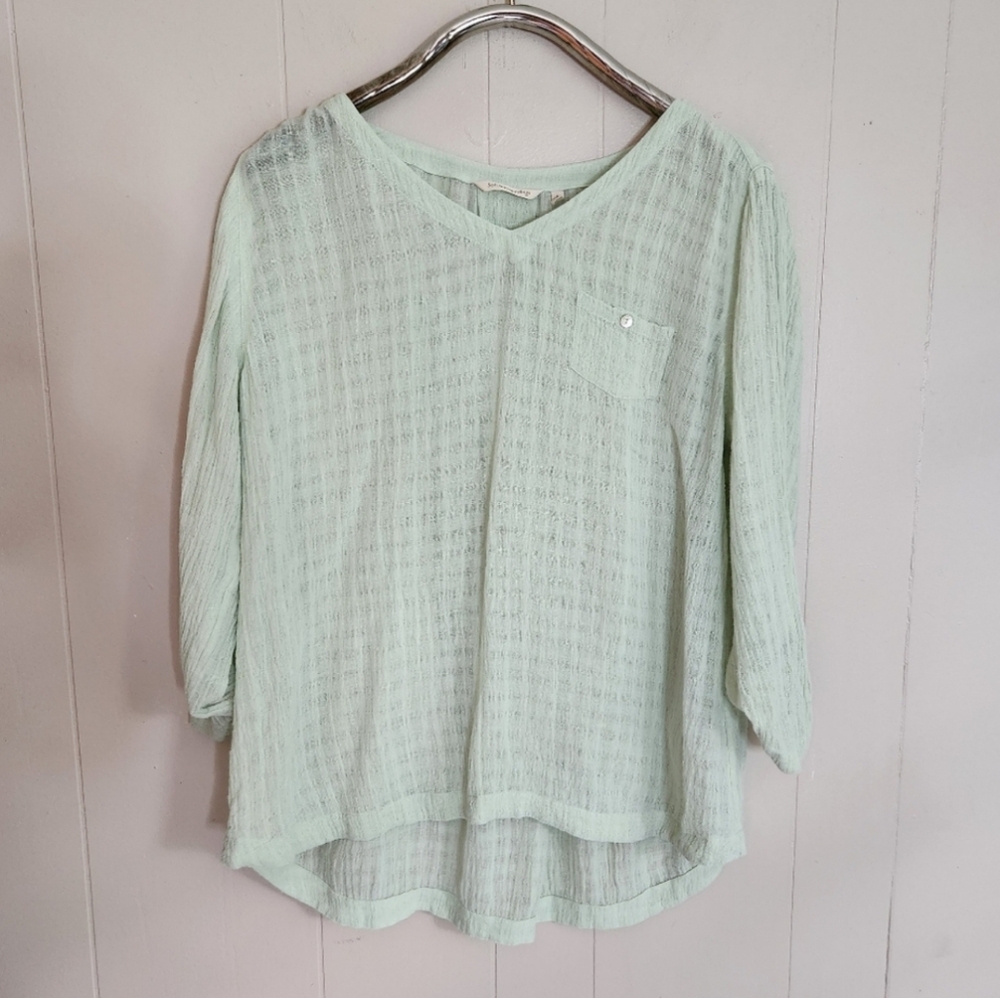 Soft Surroundings Topanga top blouse v-neck gauzy linen blend textured green L